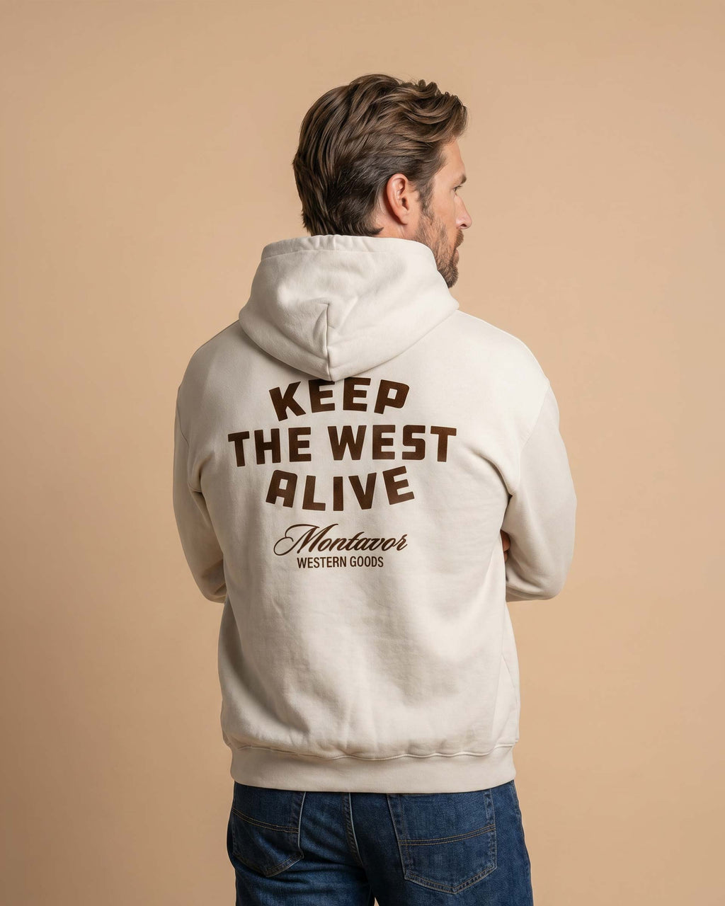 Back view of Montavor Keep The West Alive western hoodie with oversized western graphic print and relaxed fit design.