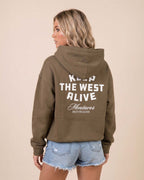 Back view of Montavor Keep The West Alive western hoodie with oversized western graphic print and relaxed fit design.