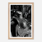 Black and white close up of a western saddle with worn leather and detailed craftsmanship, ranch wall art.