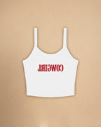 Fitted western-inspired strap tank top featuring mirrored “Cowgirl” typography on the front with a soft micro rib silhouette.